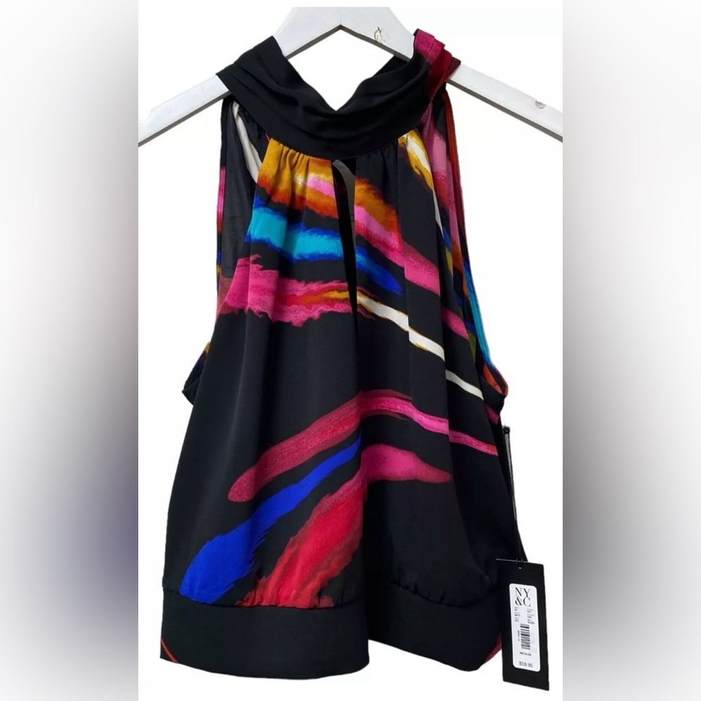 New York & Co Gabrielle Union Top Medium Black Halter Modern Sleeveless Blouse